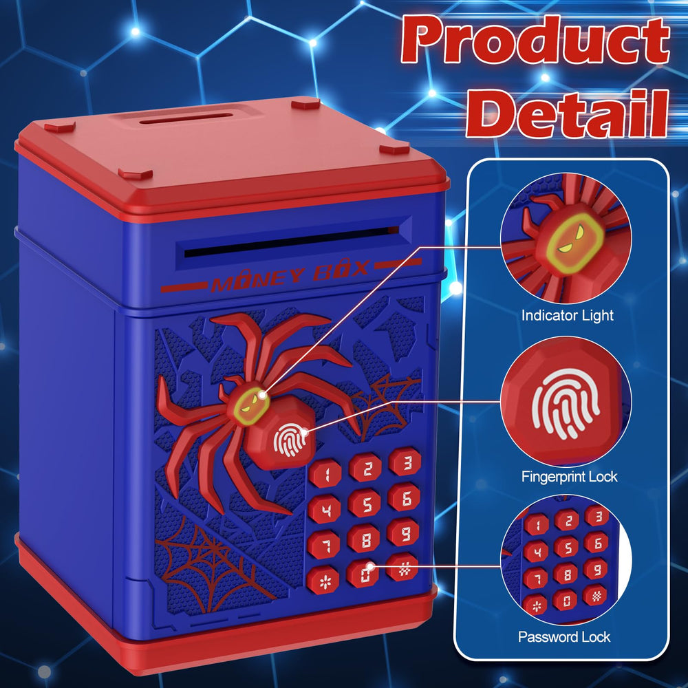 Pupidiu Spider Fingerprint Piggy Bank deposit slot accepts cash and coins smoothly.