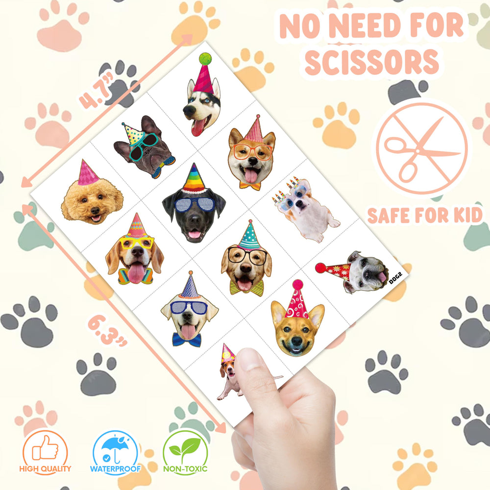 Puppy Theme Dog Tattoos skin-safe label highlights gentle materials on pets.