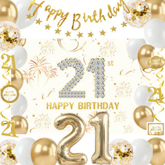 Purtarly 21st birthday banner backdrop in champagne gold, ideal for elegant photos