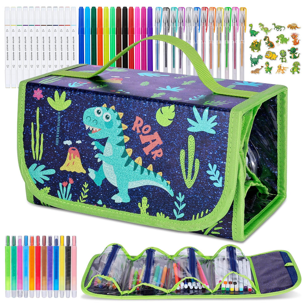 Purtarly dinosaur markers in a pencil case for portable art on the go