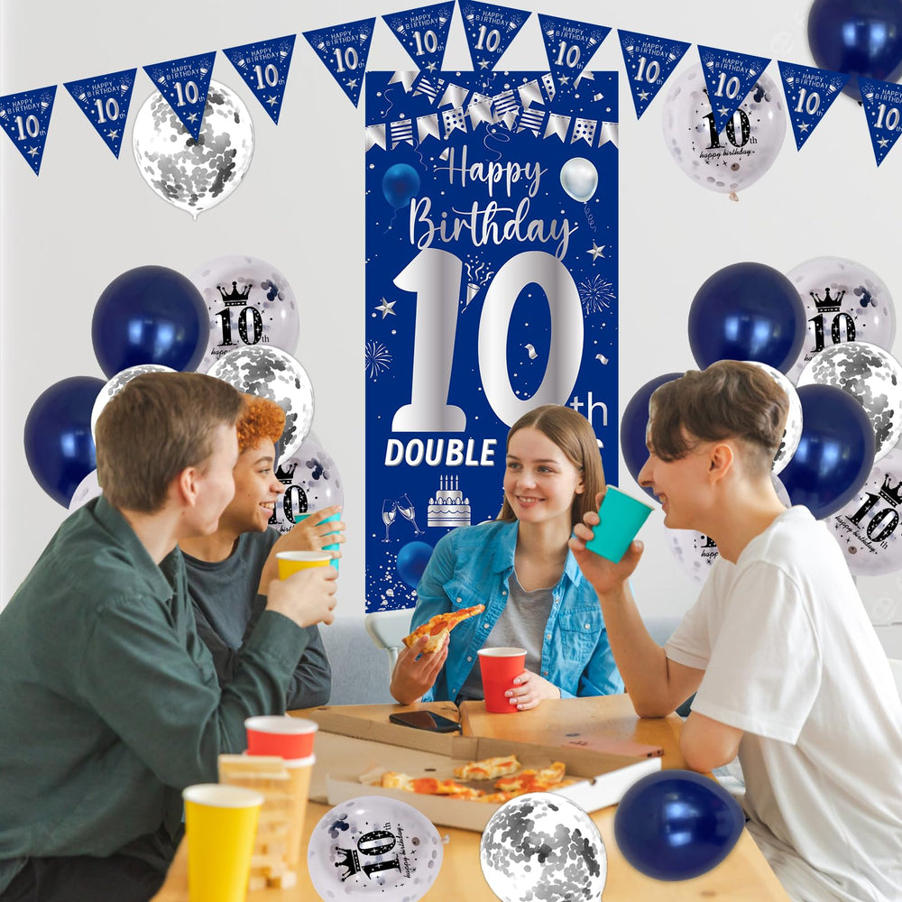 Purtarly navy blue triangle flags decorate walls and doors festively