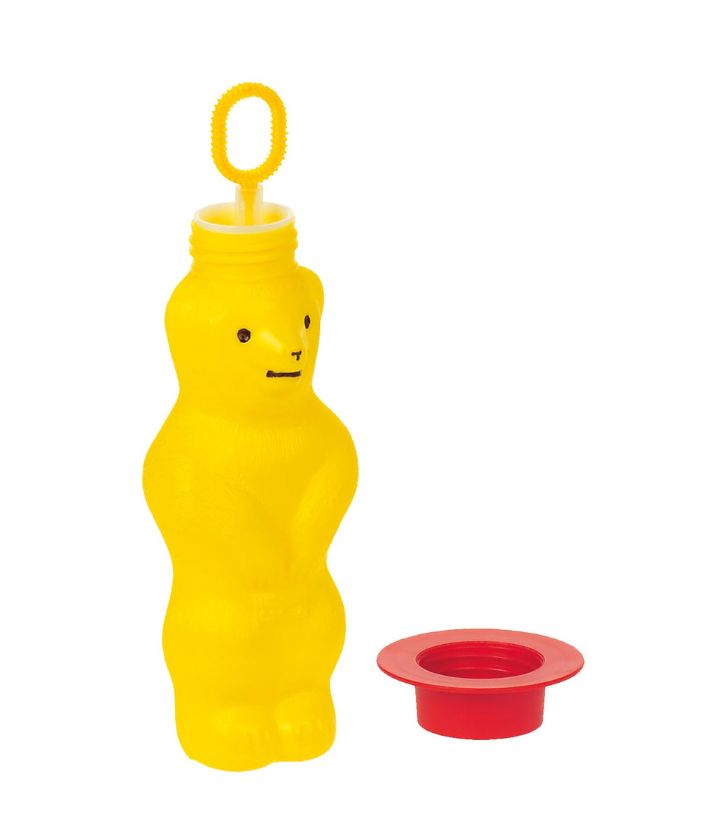 Pustefix Bubble Bear yellow with cap for spill-free play.