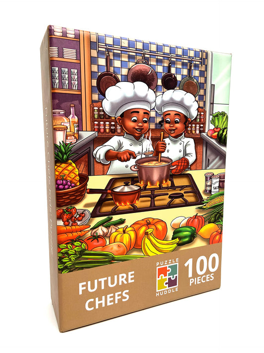 Puzzle Huddle Future Chefs 100-piece front cover with diverse kids, ideal for family play.