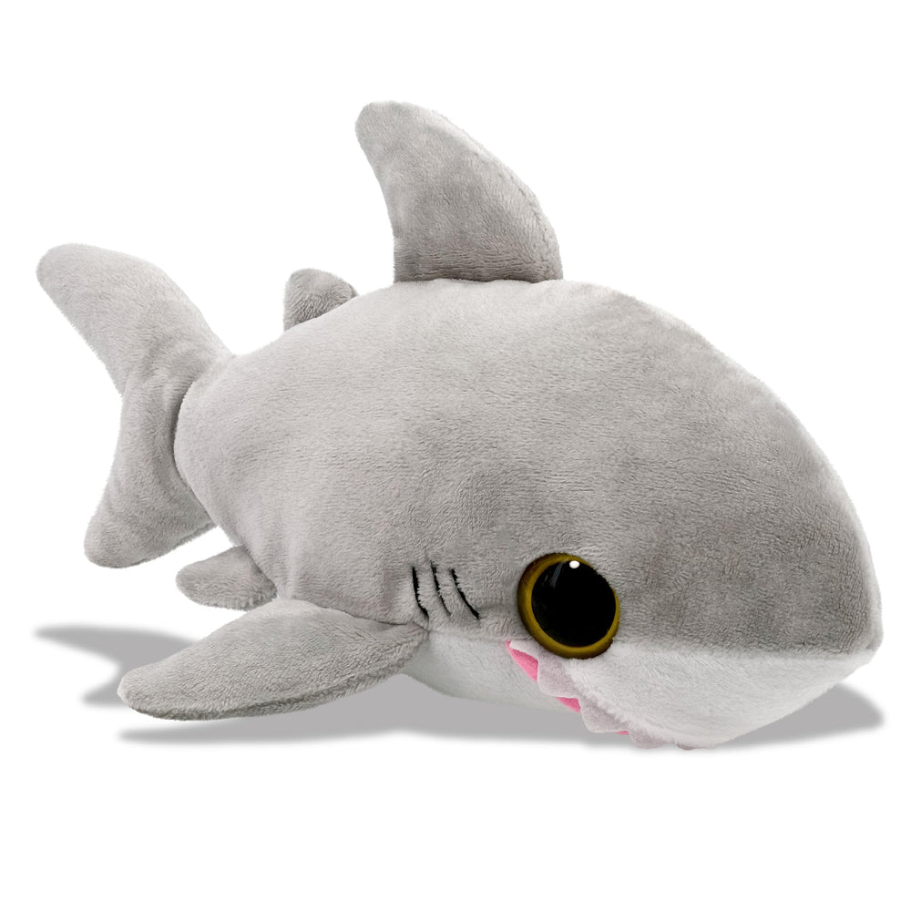 Puzzled plush shark big-eye 6in front view, ideal for cuddles and imaginative play.