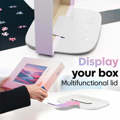 Puzzlup puzzle sorting trays lid stand display demonstrates easy box viewing during solving.
