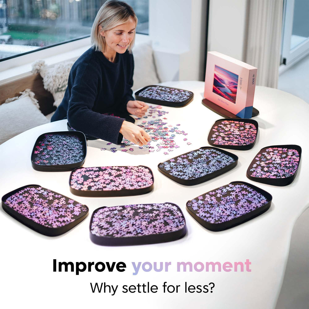Puzzlup puzzle trays open edge design enables easy piece retrieval.