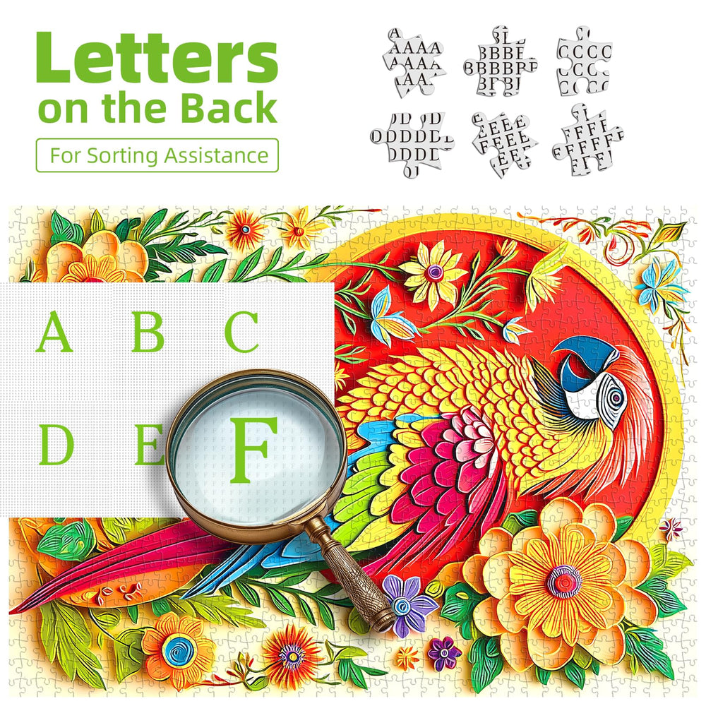 PuzzOne botanical flowers surrounding parrot puzzle, rich colors for visual depth