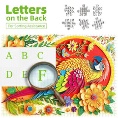 PuzzOne botanical flowers surrounding parrot puzzle, rich colors for visual depth