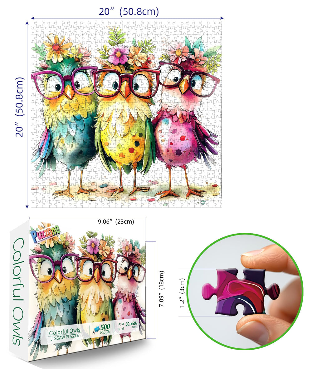 PuzzOne Colorful Owls owl-art in teal, yellow and pink ready for display.