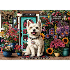 PuzzOne dog flower shop puzzle 1000-piece offers a colorful scene for family game night.