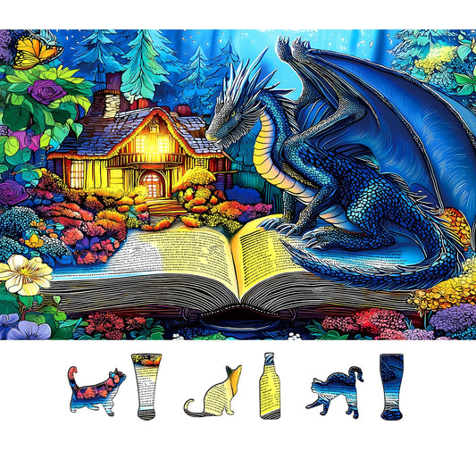 PuzzOne dragon reading spellbook puzzle features a blue dragon and magical forestβgreat for cozy evenings