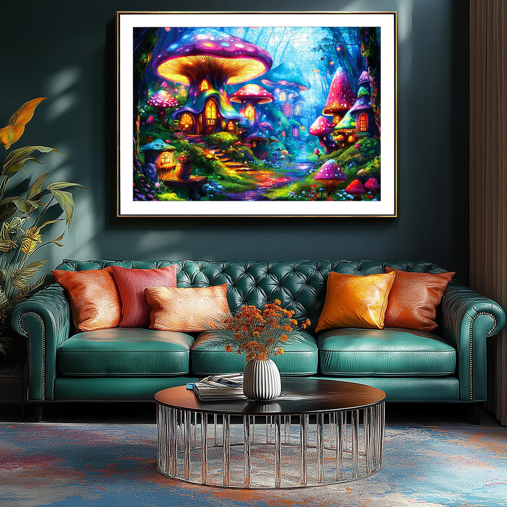 PuzzOne Mushroom Village completed art ready for framing and display.