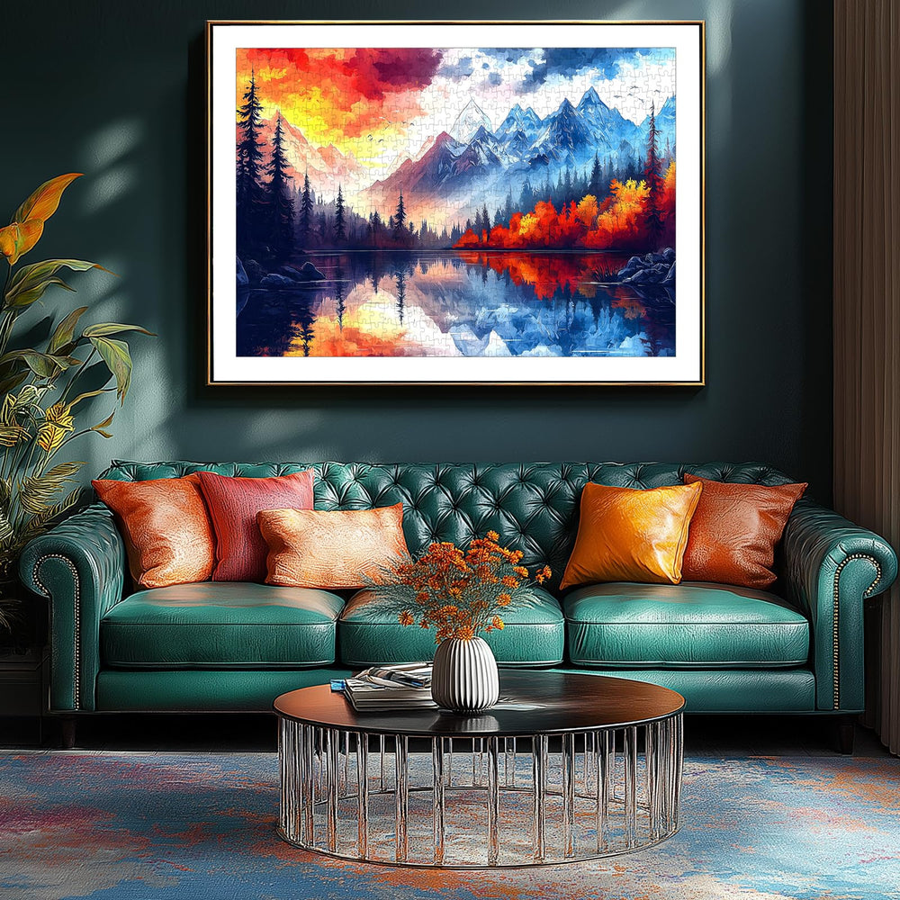 PuzzOne 1000-piece mountain lake scene, perfect for calming evenings and shared family moments.