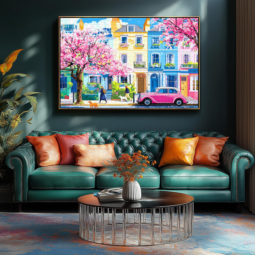 Springtime urban street scene with cherry blossoms evokes cheerful family moments.