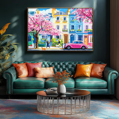 Springtime urban street scene with cherry blossoms evokes cheerful family moments.