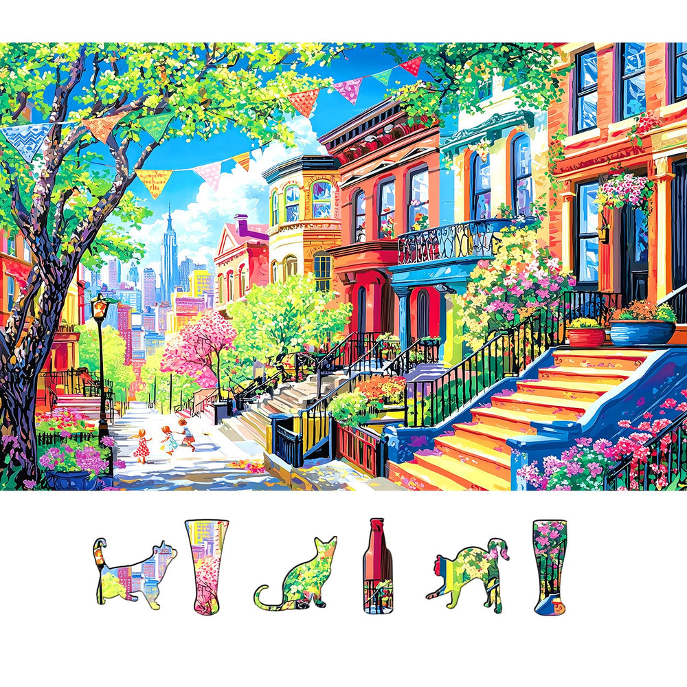 PuzzOne Spring Street puzzle view highlights vibrant cityscape for family puzzle night.