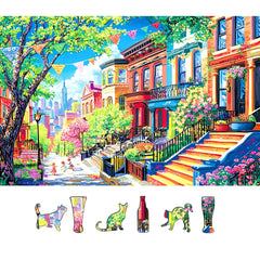 PuzzOne Spring Street puzzle view highlights vibrant cityscape for family puzzle night.