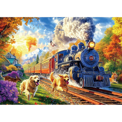 PuzzOne vintage steam train with golden retrievers in autumn landscape promotes mindful relaxation.