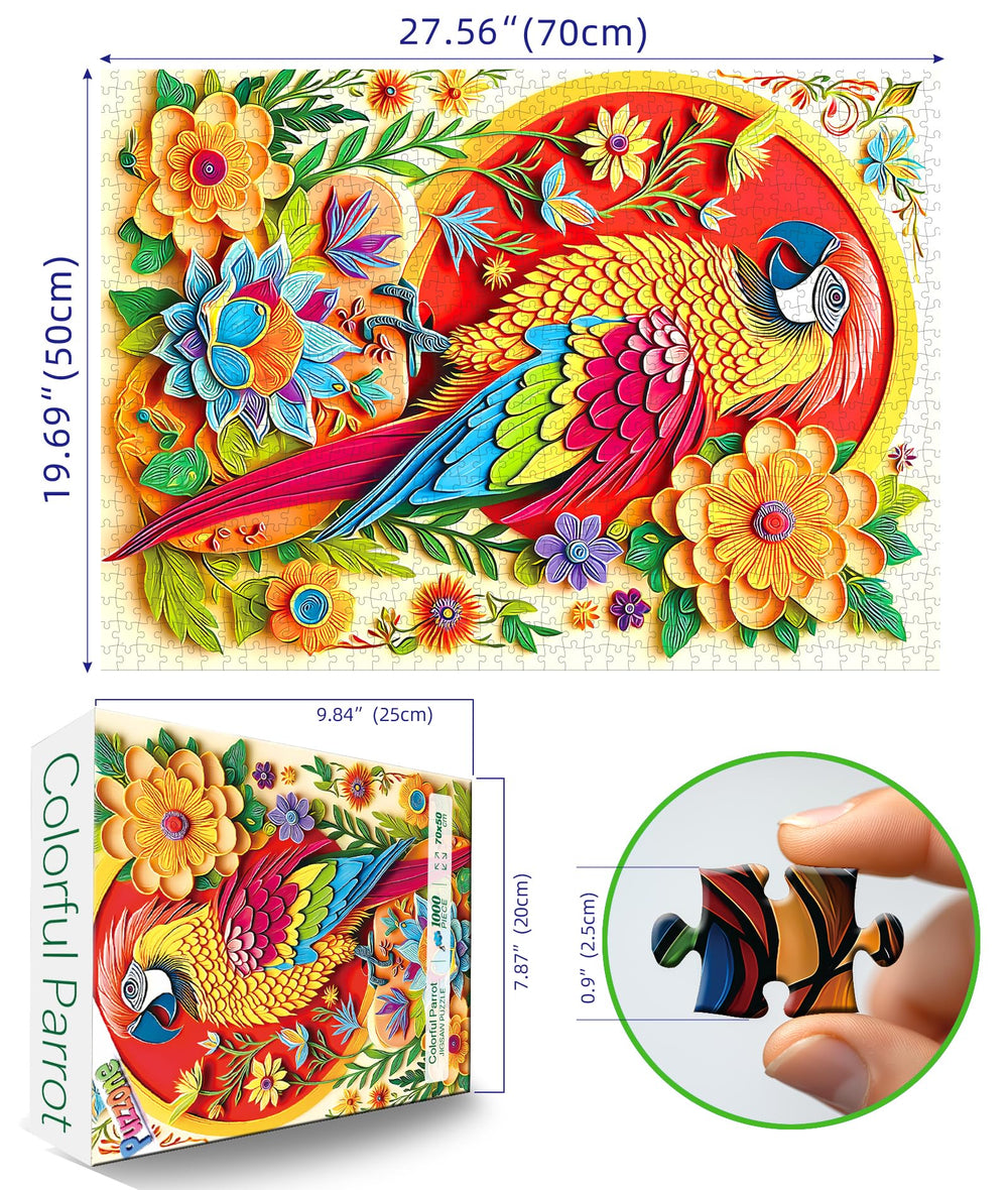 PuzzOne vibrant parrot feathers puzzle, precision-cut pieces for smooth assembly