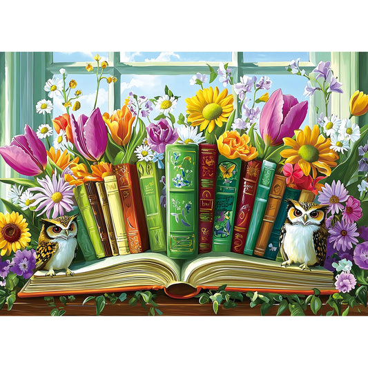 PuzzOne Wildflower Owl puzzle: a book portal scene inviting focus and calm.