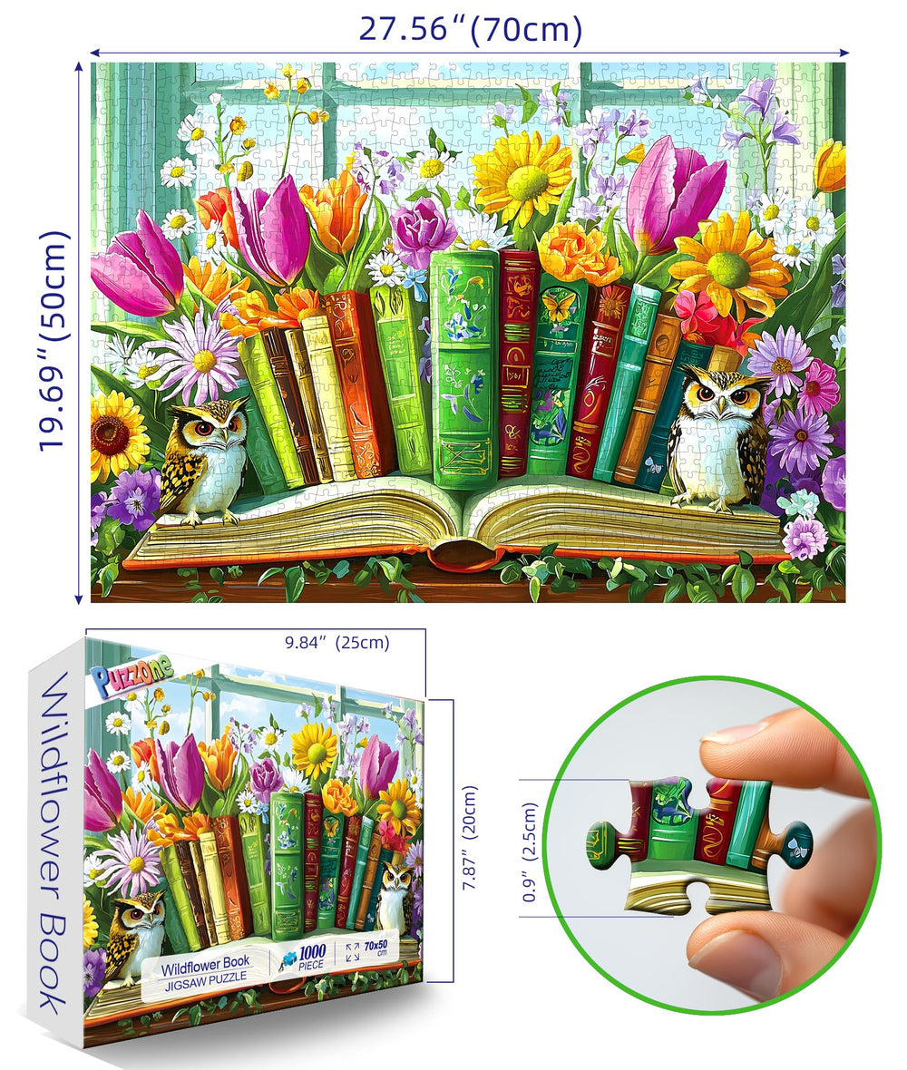 PuzzOne 1000-piece puzzle wall art showing frame-ready dimensions 27.5 x 19.7 in.