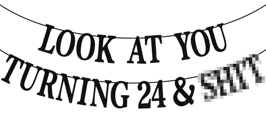 PYBHILK black glitter banner with Look at You Turning 24, sparkling backdrop for celebrations