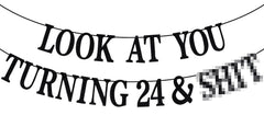 PYBHILK black glitter banner with Look at You Turning 24, sparkling backdrop for celebrations