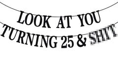 PYBHILK black glitter banner for turning 25 adds sparkle to your celebration.