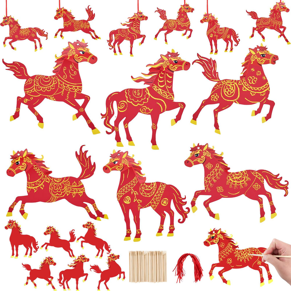 PYURTHITY Chinese New Year horse scratch cards reveal vibrant designs for festive decor.