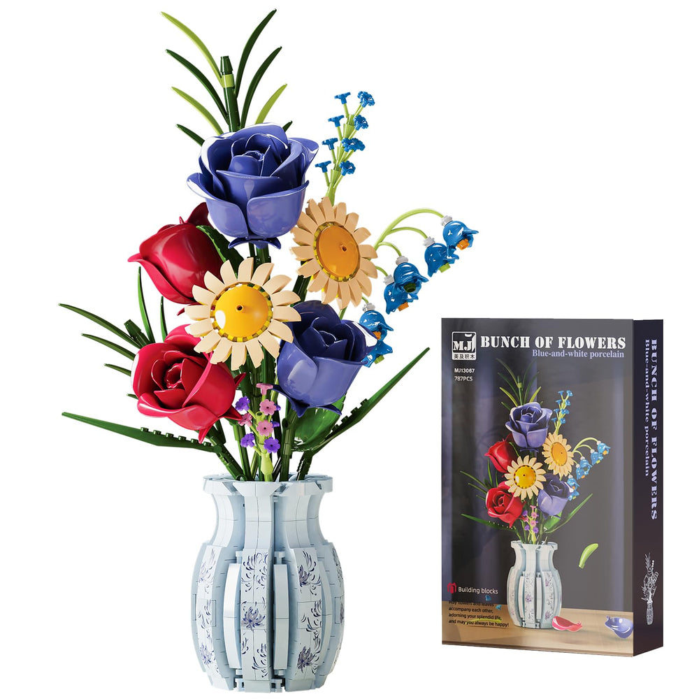 QARULUS roses bouquet building set with vase for elegant desk decor