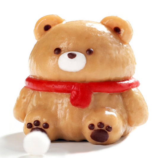 QCROAD SQUISHY Taba Bear with red scarf in gift-ready packaging, ideal for party favors.