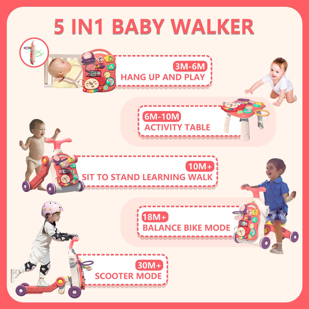 QDRAGON 5-in-1 Walker scooter mode red promotes balance through confident pushing.