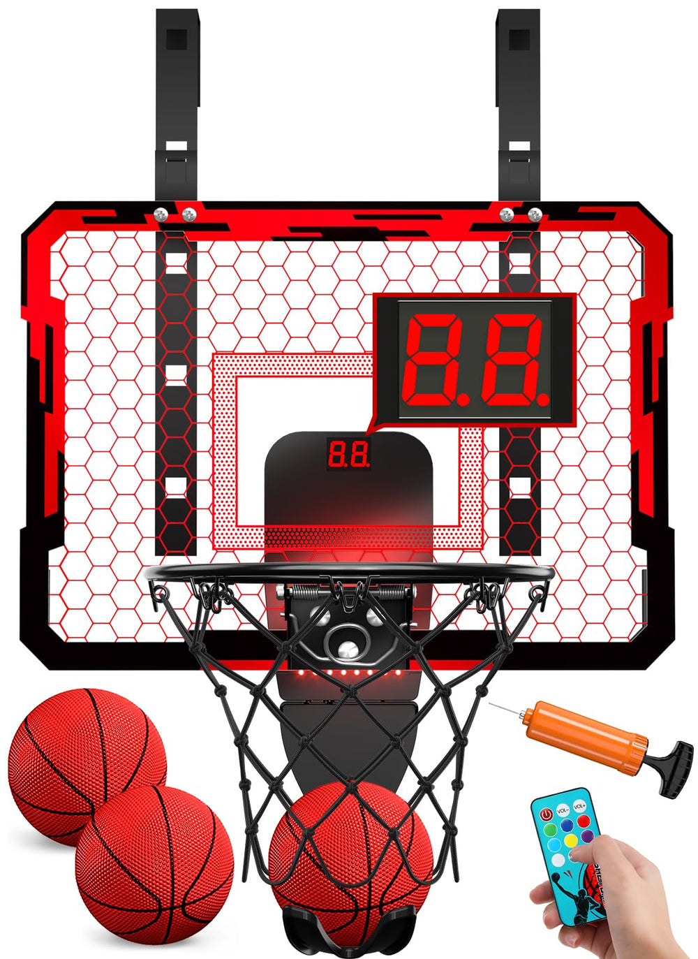 QDRAGON indoor basketball hoop with 7-color LED lights for engaging play.
