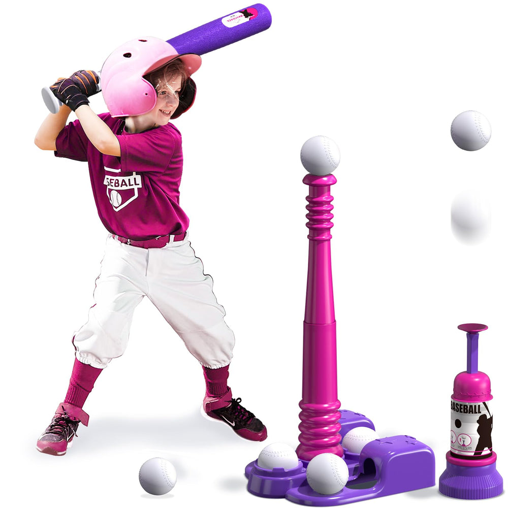 QDRAGON 2-in-1 T Ball Set with automatic pitching machine for kids' outdoor practice