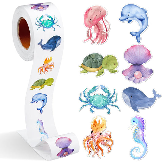 Qeeenar aquatic creatures sticker roll with 500 pieces for classroom rewards.
