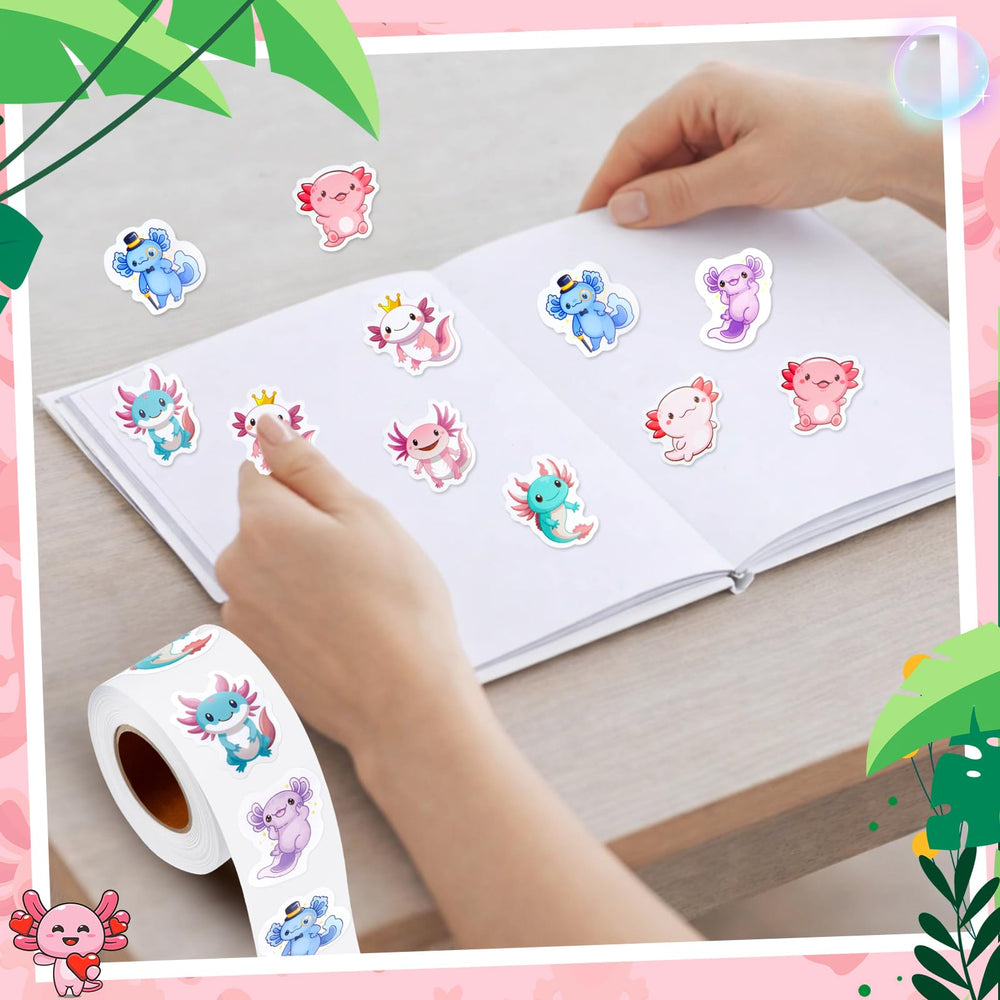Notebooks, gifts, and craft items receive charming axolotl accents with these adhesive decals.