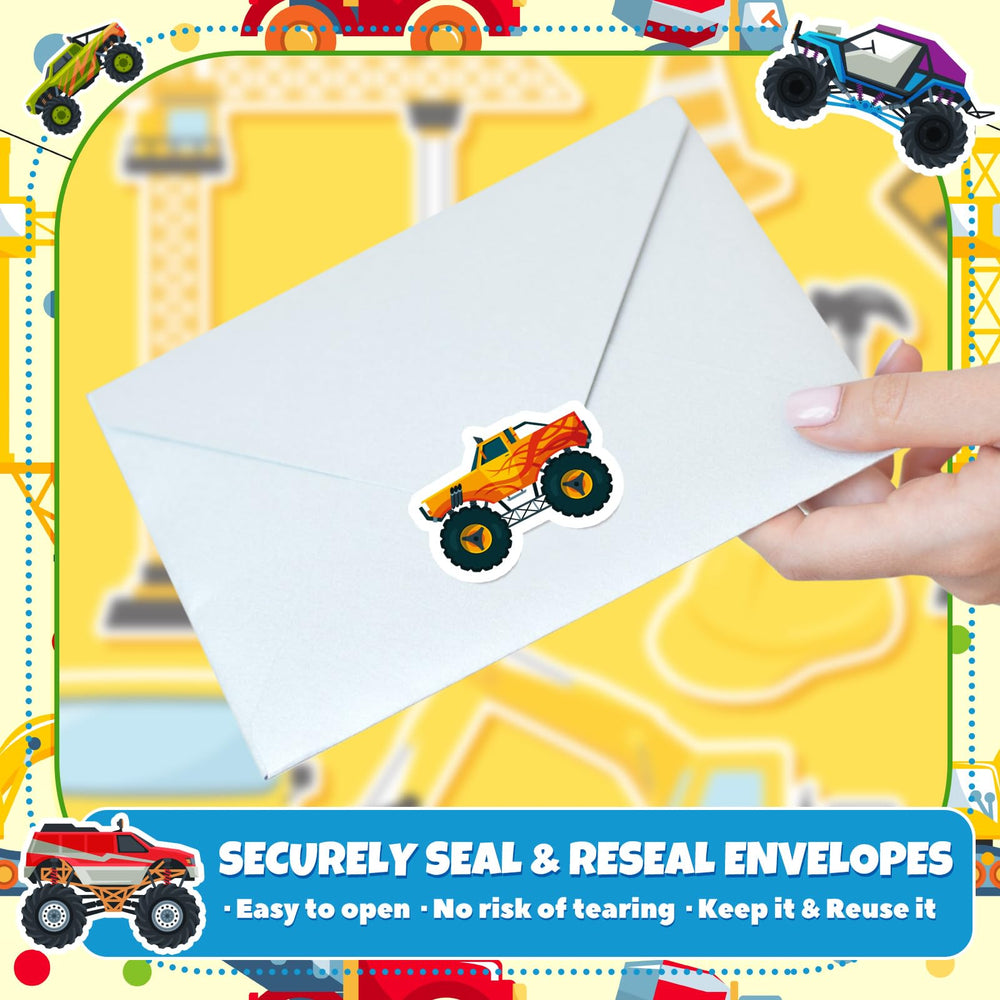 Qeeenar Monster Truck Stickers Roll closeup—vibrant designs that attract kids' attention