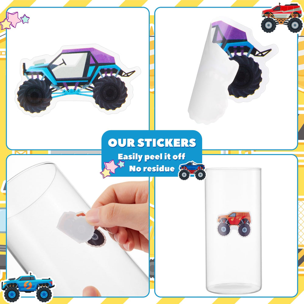 Qeeenar Monster Truck Stickers Roll designs—eight styles for versatile school and craft projects