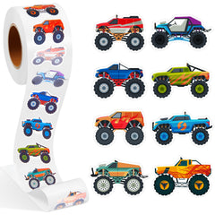 Qeeenar Monster Truck Stickers Roll packaging—perfect party favors and easy to store