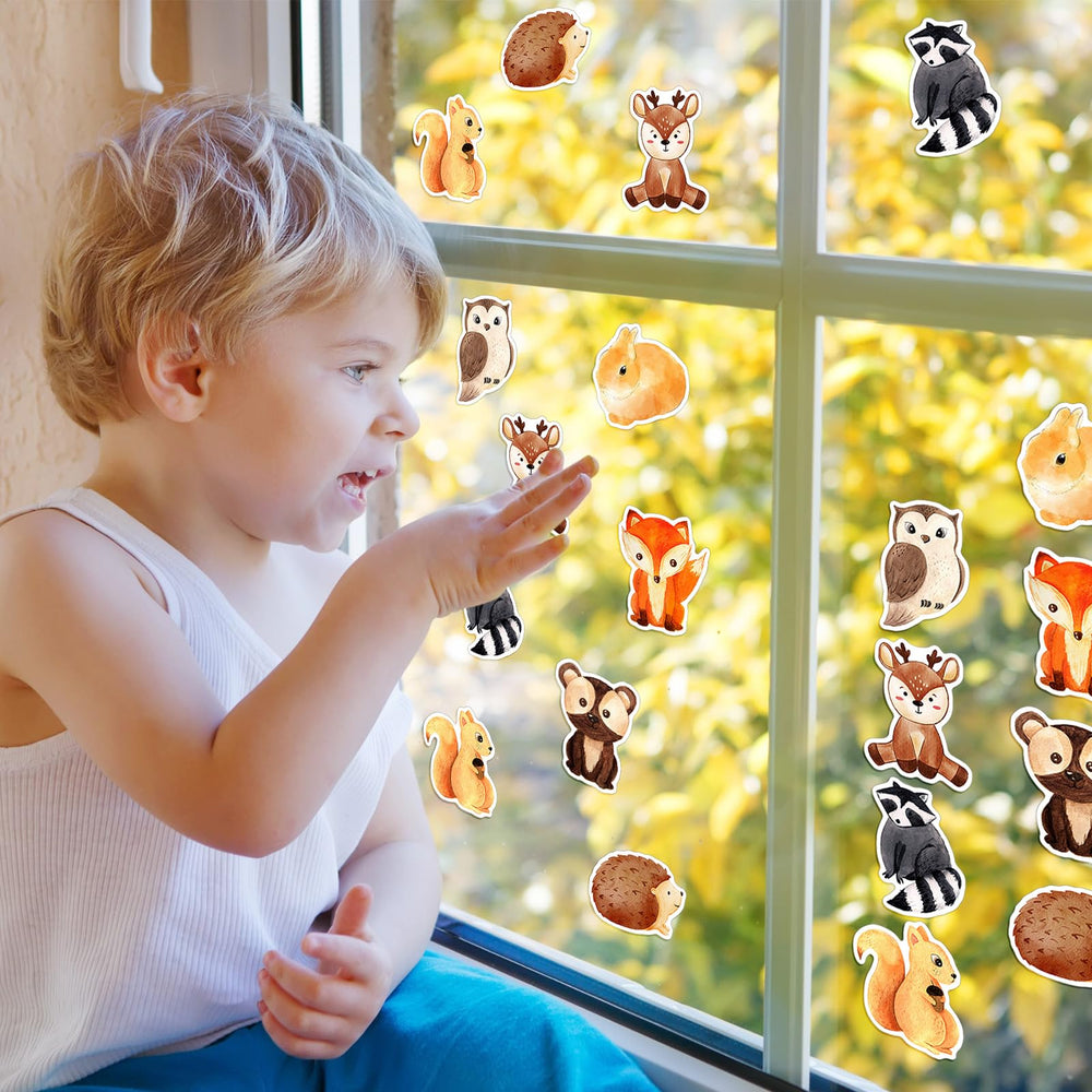 Qeeenar watercolor forest animals on stickers sparkle under party lighting.