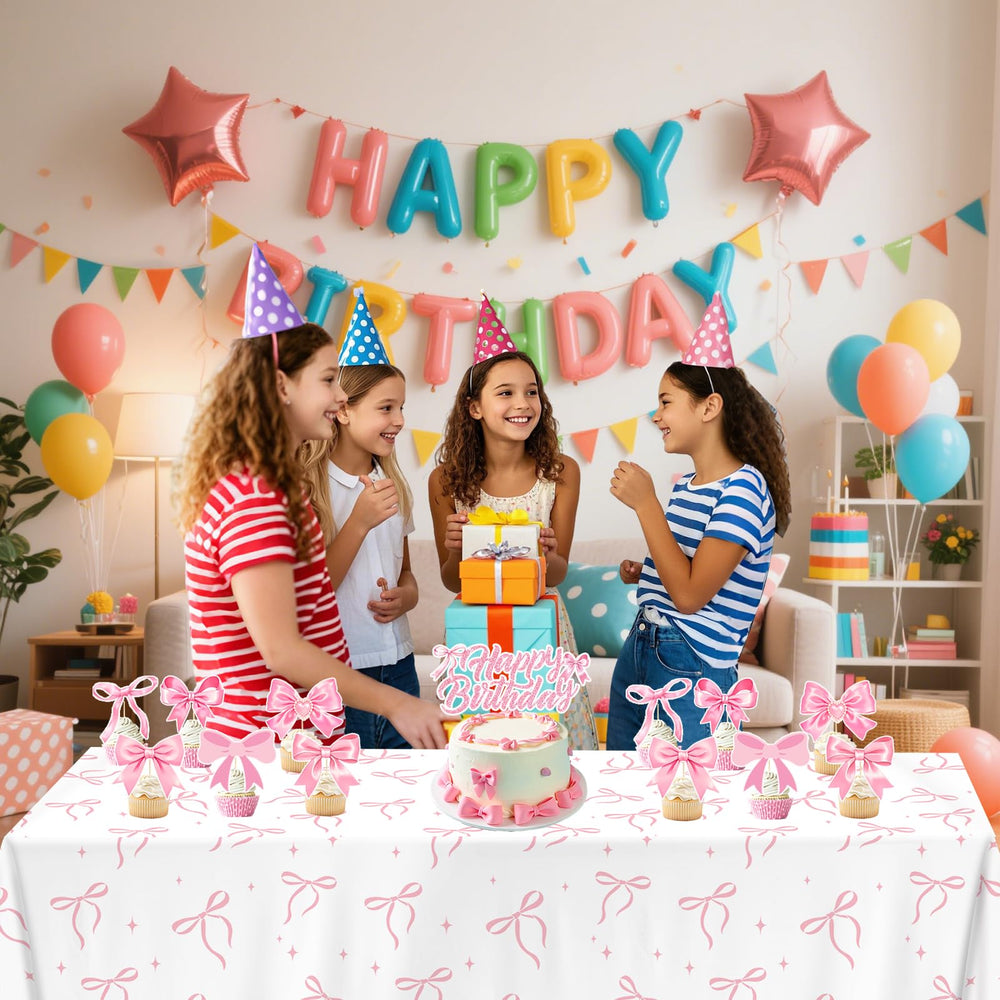 QIYANPAX pink bow tablecloth creates a festive focal point for coquette parties.