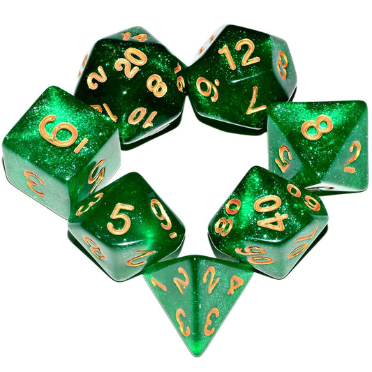 QiAN SiMAi Galaxy dice set with green glitter for vibrant RPG sessions