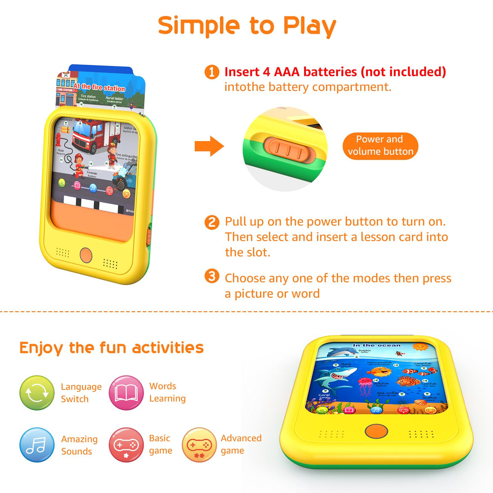 Qiaojoy language switch enables English and Spanish learning.