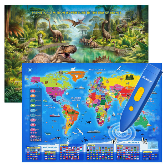 Qiaojoy world map and dinosaur poster interactive helps kids explore geography through storytelling