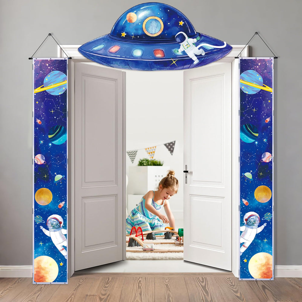 QICI outer space banner with astronauts and stars for a dreamy bedroom ambiance.