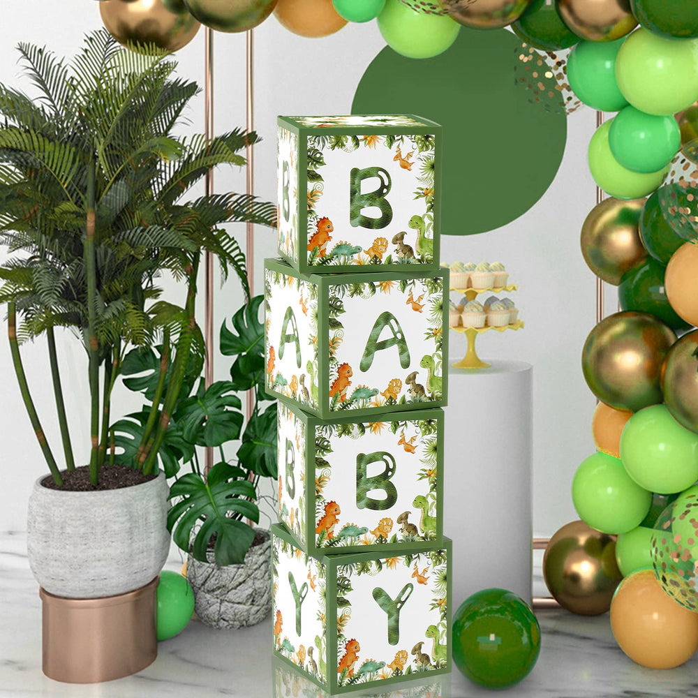 QIFU nursery decor using dinosaur boxes for a playful backdrop