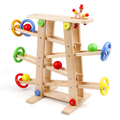 Qilay wooden race track rooftop launch scene promoting focused play and anticipation.