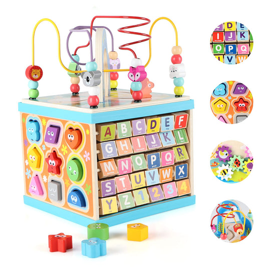 Qilay wooden activity cube rainbow spinning gear enhances fine motor skills and color recognition