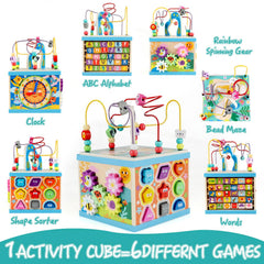Qilay wooden activity cube ABC-123 abacus section promotes early number recognition and counting.