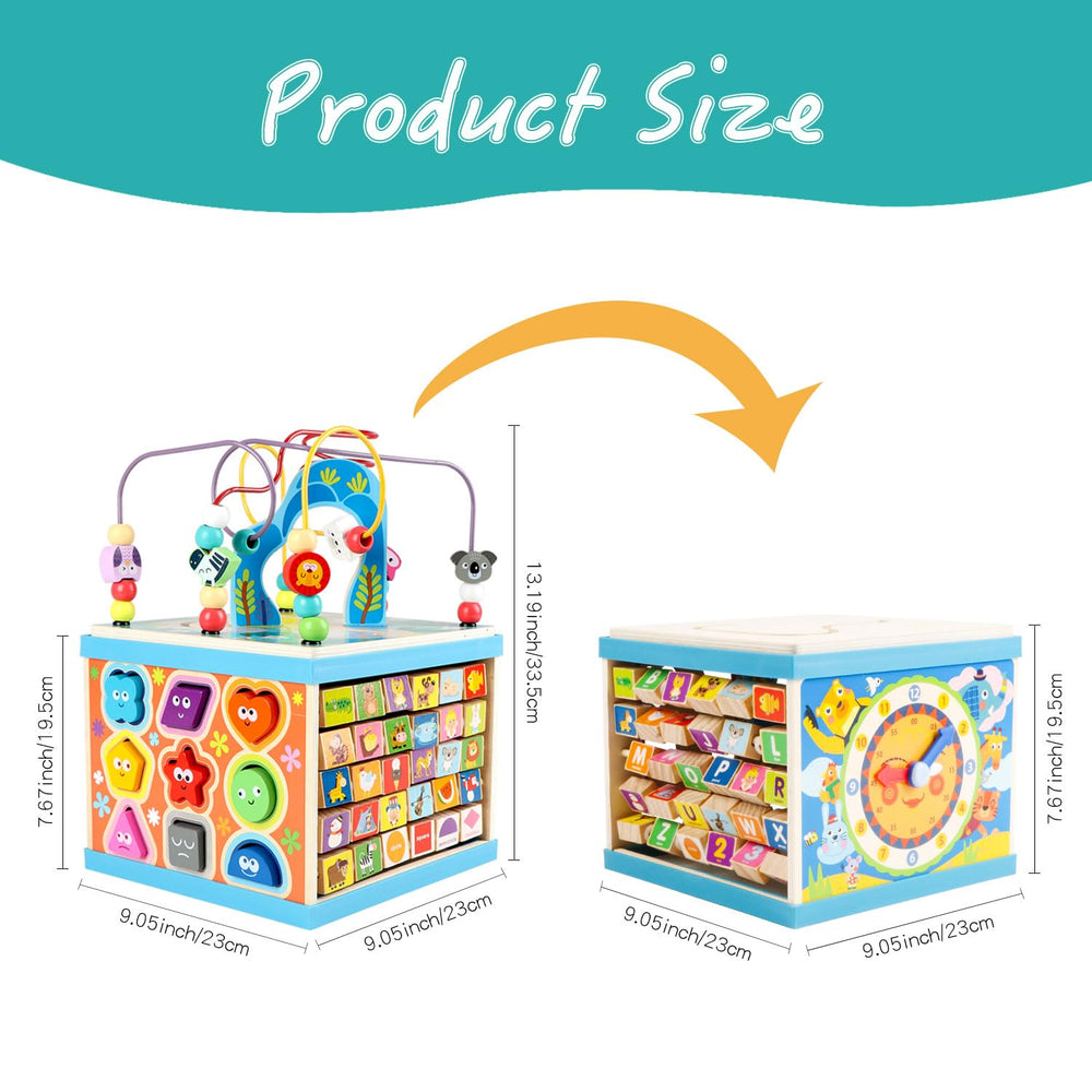 Qilay wooden activity cube gift-ready packaging suggests a delightful first birthday present.